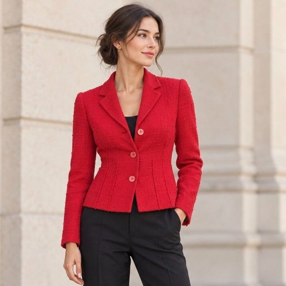 Valentino Miss V Vintage Red Virgin Wool Blazer Jacket US 8 Slim Fit Designer